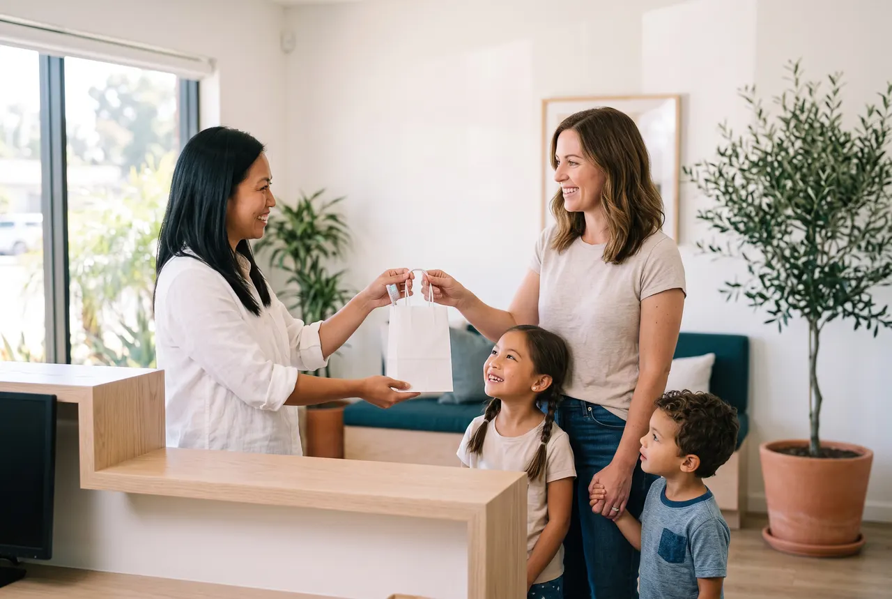 Maya Bautista handing a paper bag with new toothbrushes to a mother and her two children at the front desk
