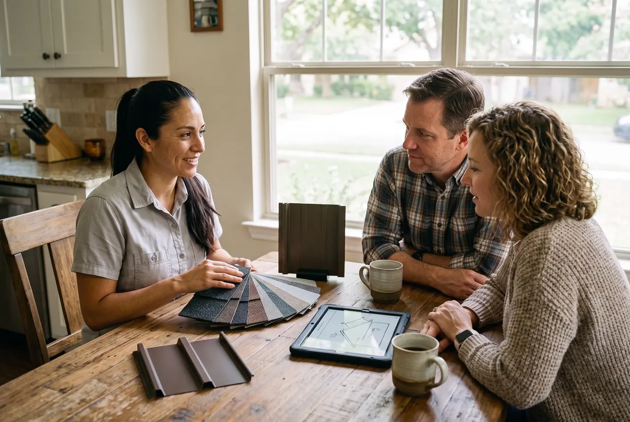 Ana Castañeda showing shingle samples and a metal panel to a couple at their kitchen table