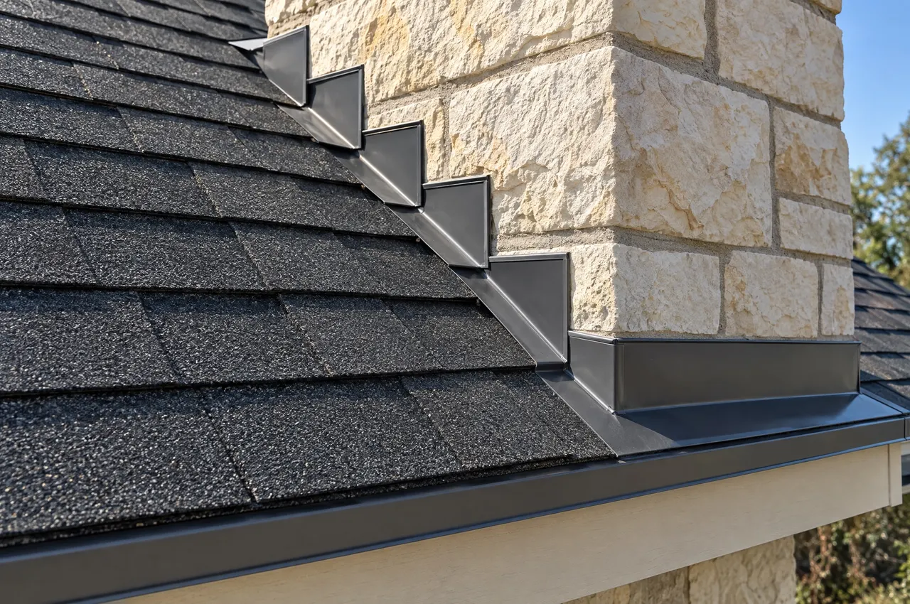 New step flashing and counter-flashing where a shingle roof meets a limestone chimney