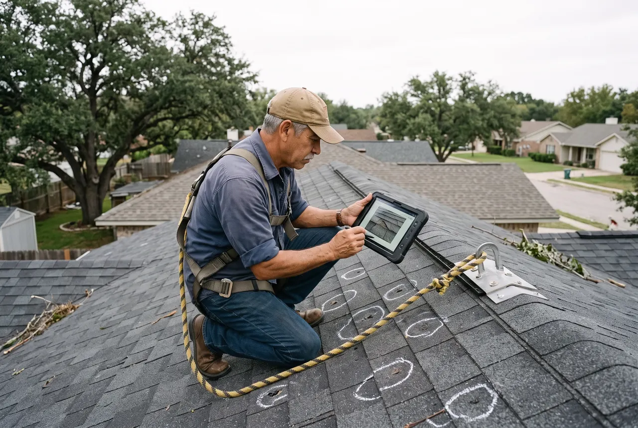 Ray Castañeda kneeling on a shingle roof, photographing chalk-circled hail hits with a tablet, tied off to a roof anchor
