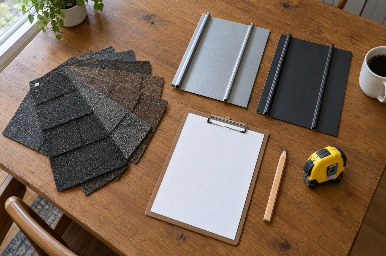 Shingle swatches and two standing-seam metal samples on a kitchen table next to a clipboard and a tape measure